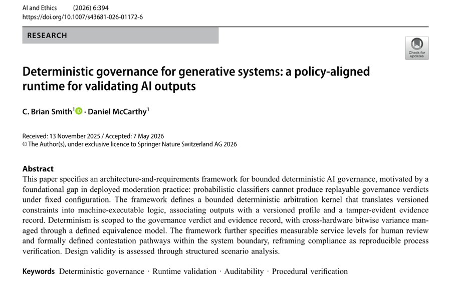 First page of Deterministic governance for generative systems, AI and Ethics, 2026